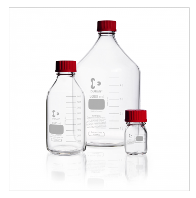 Chai trung tính DURAN® Original GL 45, trong suốt, có nắp vặn chịu nhiệt độ cao (PBT, màu đỏ) và vòng rót (ETFE, màu đỏ)